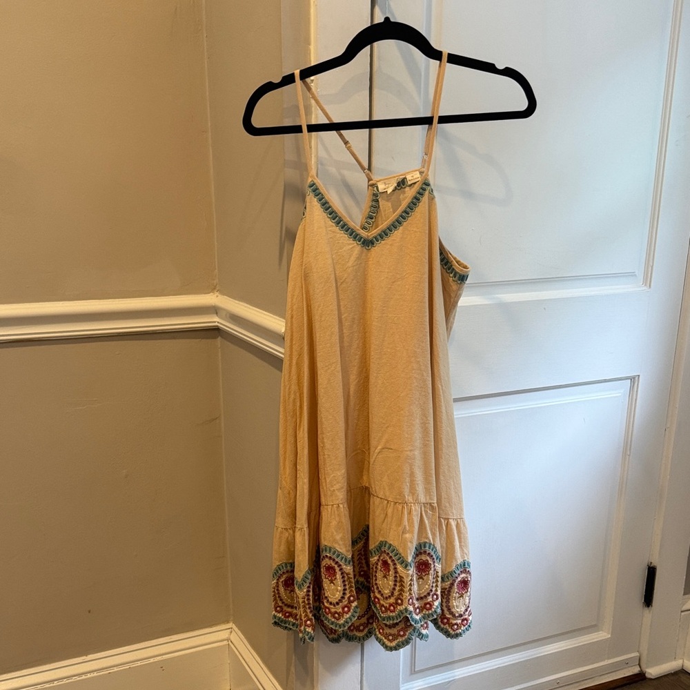 LET ME BE (Anthro brand) Boho Tan Sundress with Colorful Embroidery